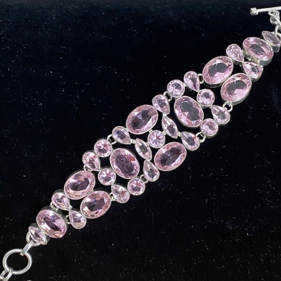 925 Stamped Silver Hand Crafted and Pink Kunzite Crystal Cabochons Bracelet - Picture 2 of 6